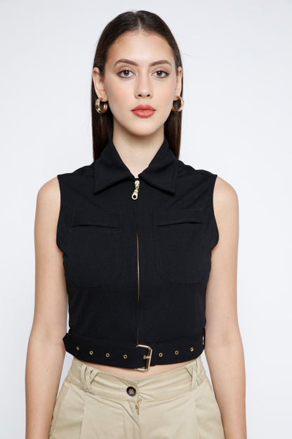 Gold Metal Zip Belted Crop Top