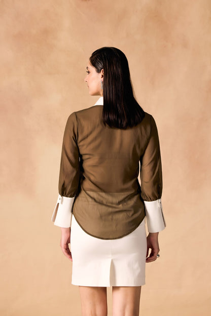 Button-Up Contrast Collar & Oversized Cuffs Georgette Sheer Shirt