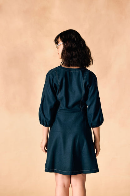 Contrast Stitch Tie Waist Flared Denim Tweed Dress