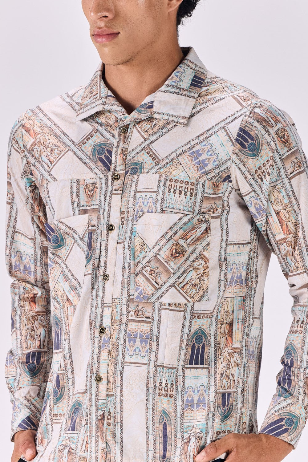Ancient Roman Print Button-Up Drop Pocket Shirt