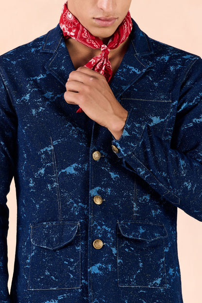 Lapel Collar Button-Up Textured Denim Blazer Jacket