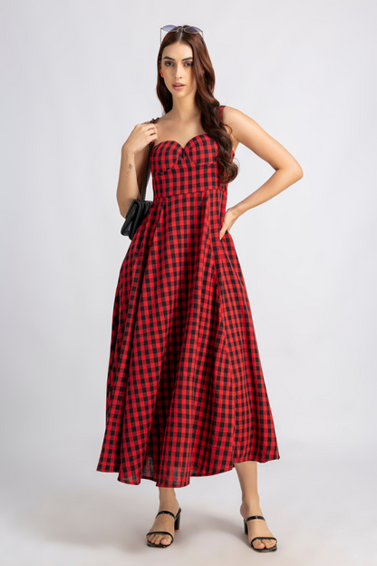 Crimson Check Midi Dress