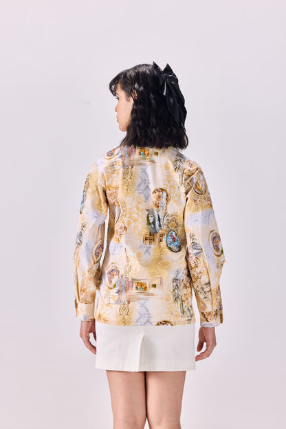 Pintuck Pleated Button-Up Kingdom of Egypt Print Shirt