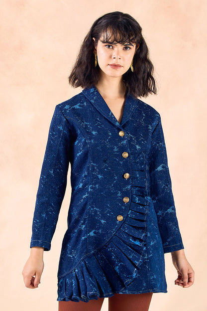 Lapel Collar Frilled Blazer Textured Denim Short Dress