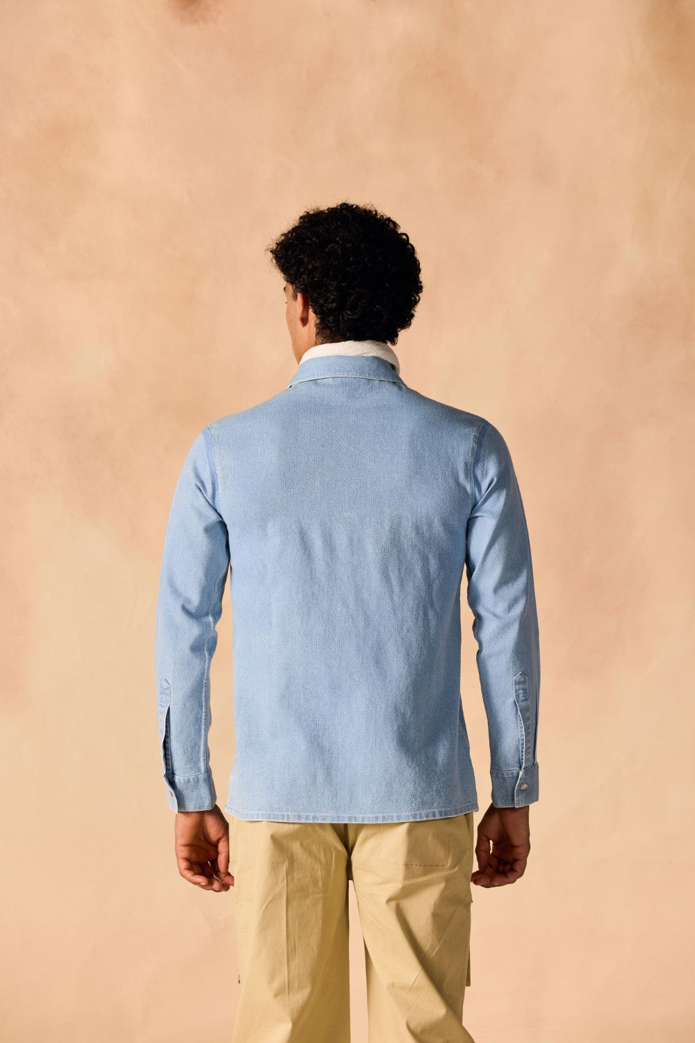 Ice Wash Denim Button-Up Paneled Shirt