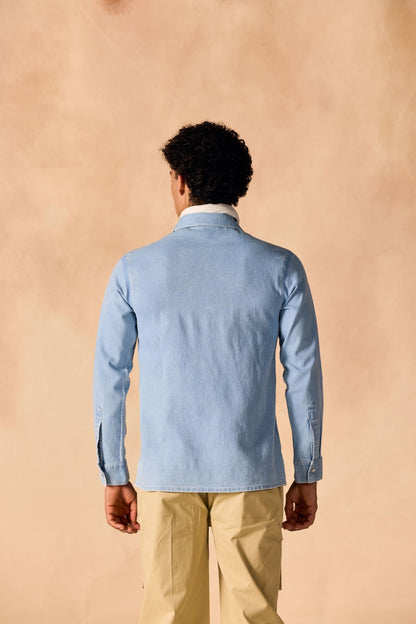 Ice Wash Denim Button-Up Paneled Shirt