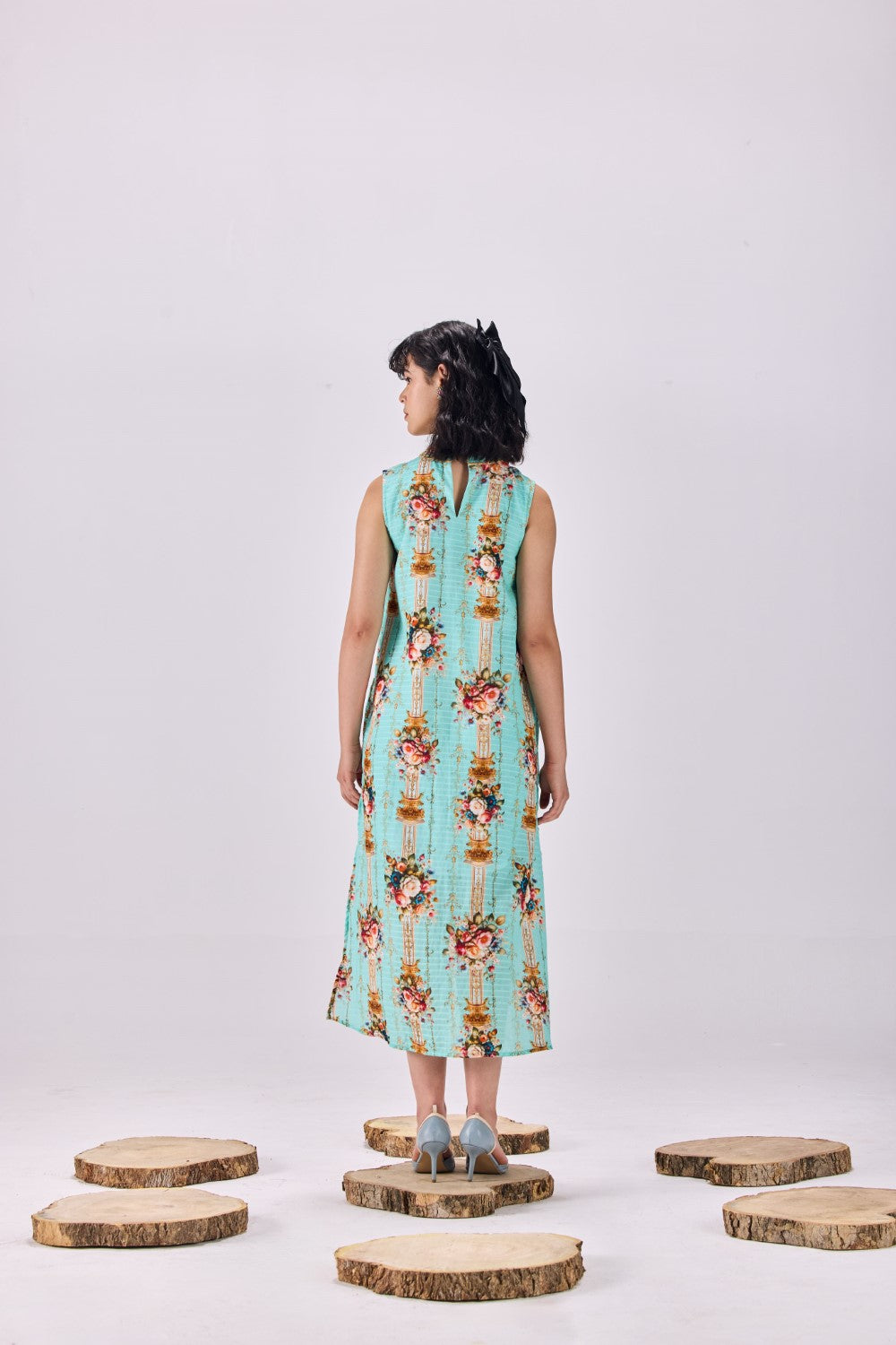 High Neck Vintage Floral Stripe Cotton Dobby Shift Dress