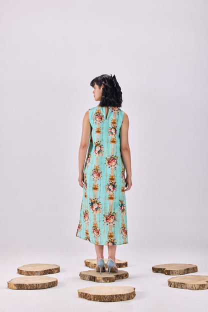 High Neck Vintage Floral Stripe Cotton Dobby Shift Dress