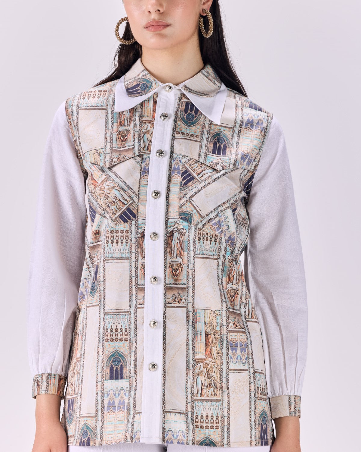 Double Collar Button-Up Ancient Roman  Print Shirt