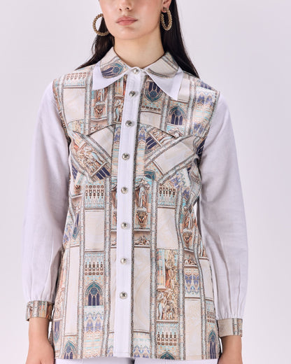 Double Collar Button-Up Ancient Roman  Print Shirt