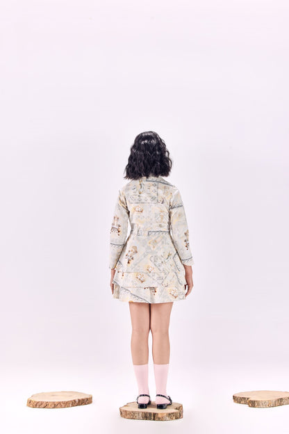 Button-Up Renaissance King Print Twill Layered Short Dress