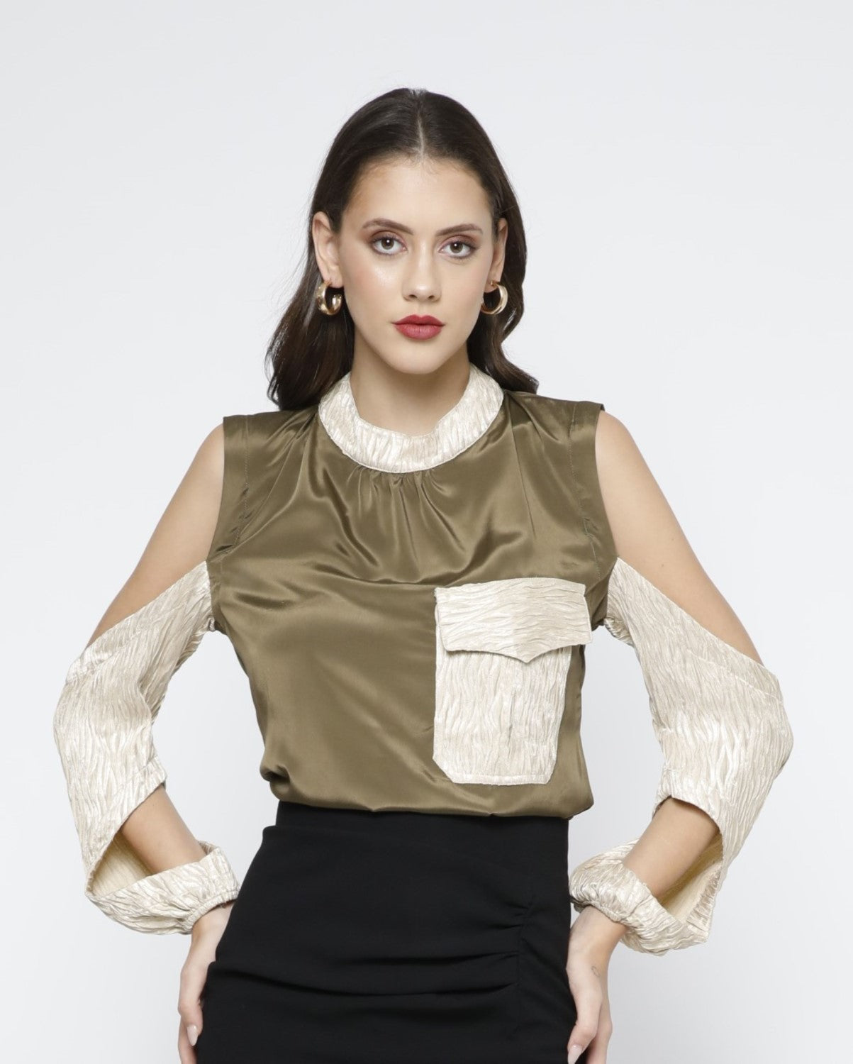 Two-Tone Cut-out Sleeves Top