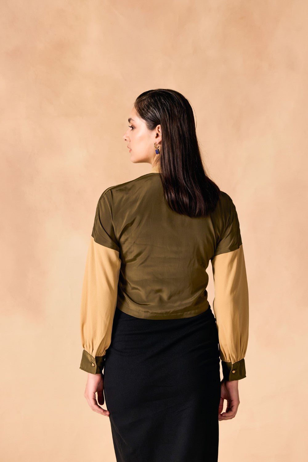 Colorblocked Front Pocket Button-Down Crop Shirt