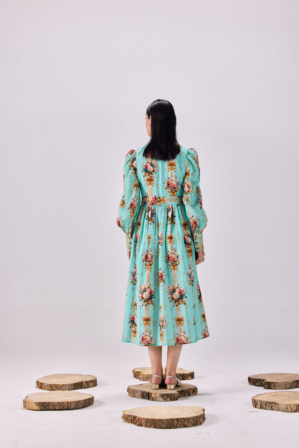 Vintage Floral Stripe Button-Up Maxi Shirtdress