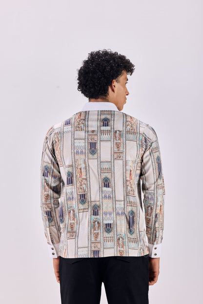 Contrast Collar Ancient Roman Print Button-Up Shirt