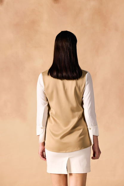 Two-Tone Pintuck Pleated Button-up Satin Shirt