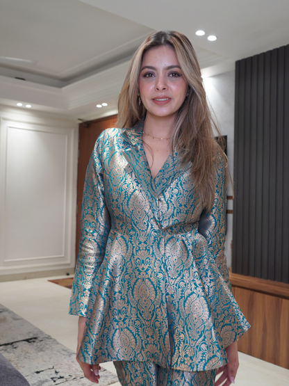 Golden Sage Peplum Top with Flared Pants