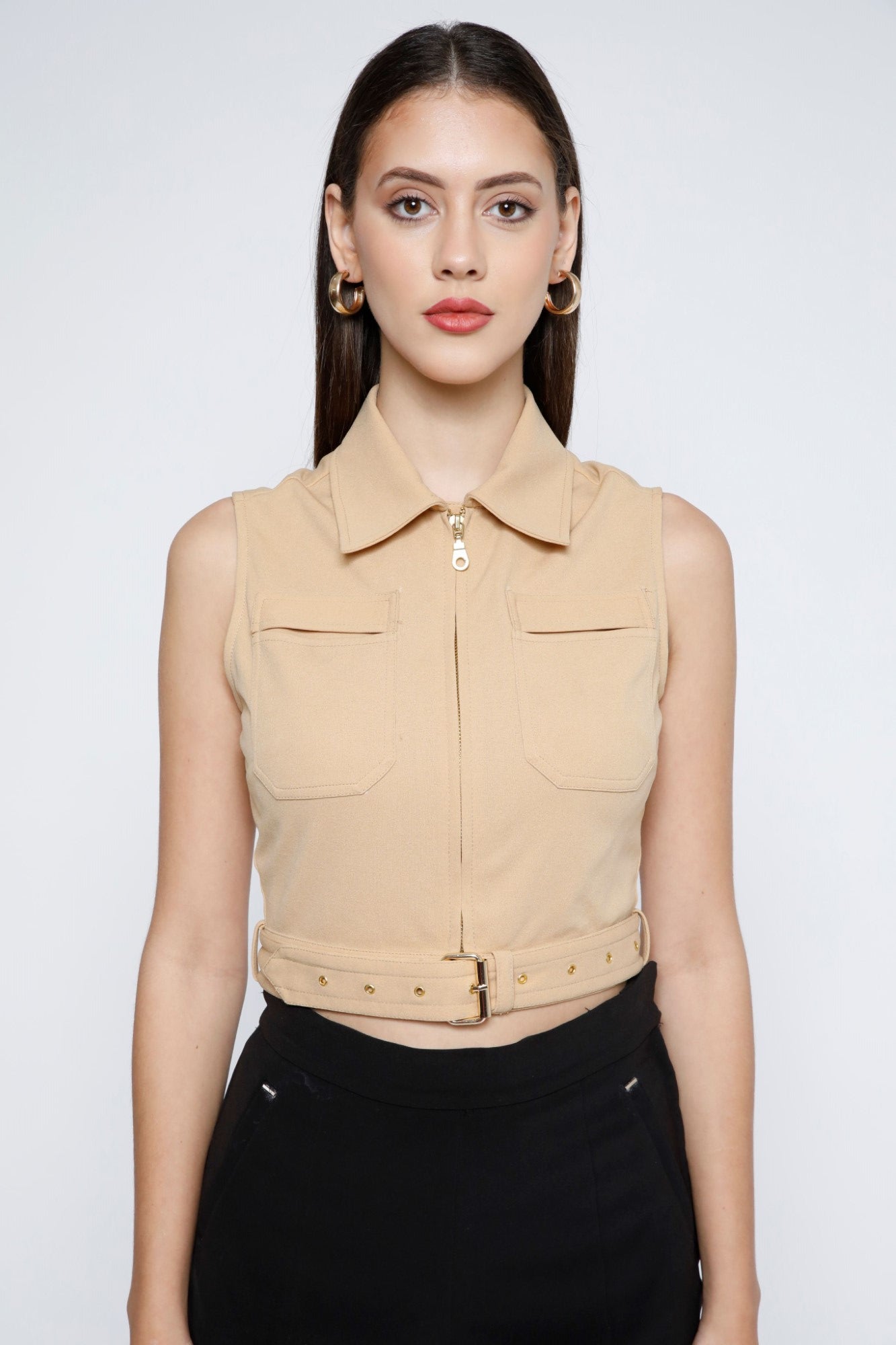 Gold Metal Zip Belted Crop Top