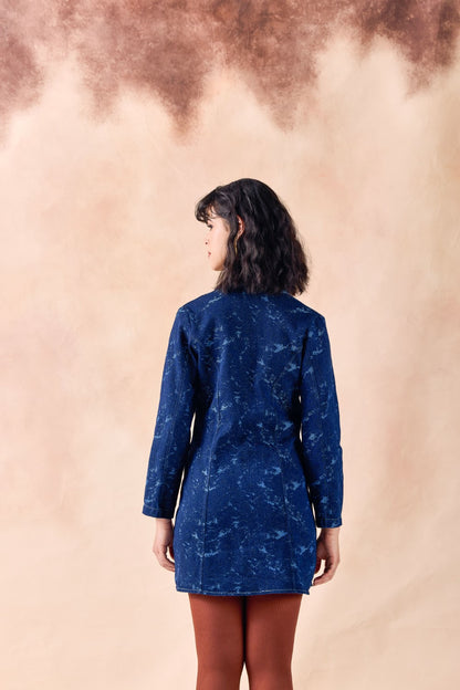 Lapel Collar Frilled Blazer Textured Denim Short Dress