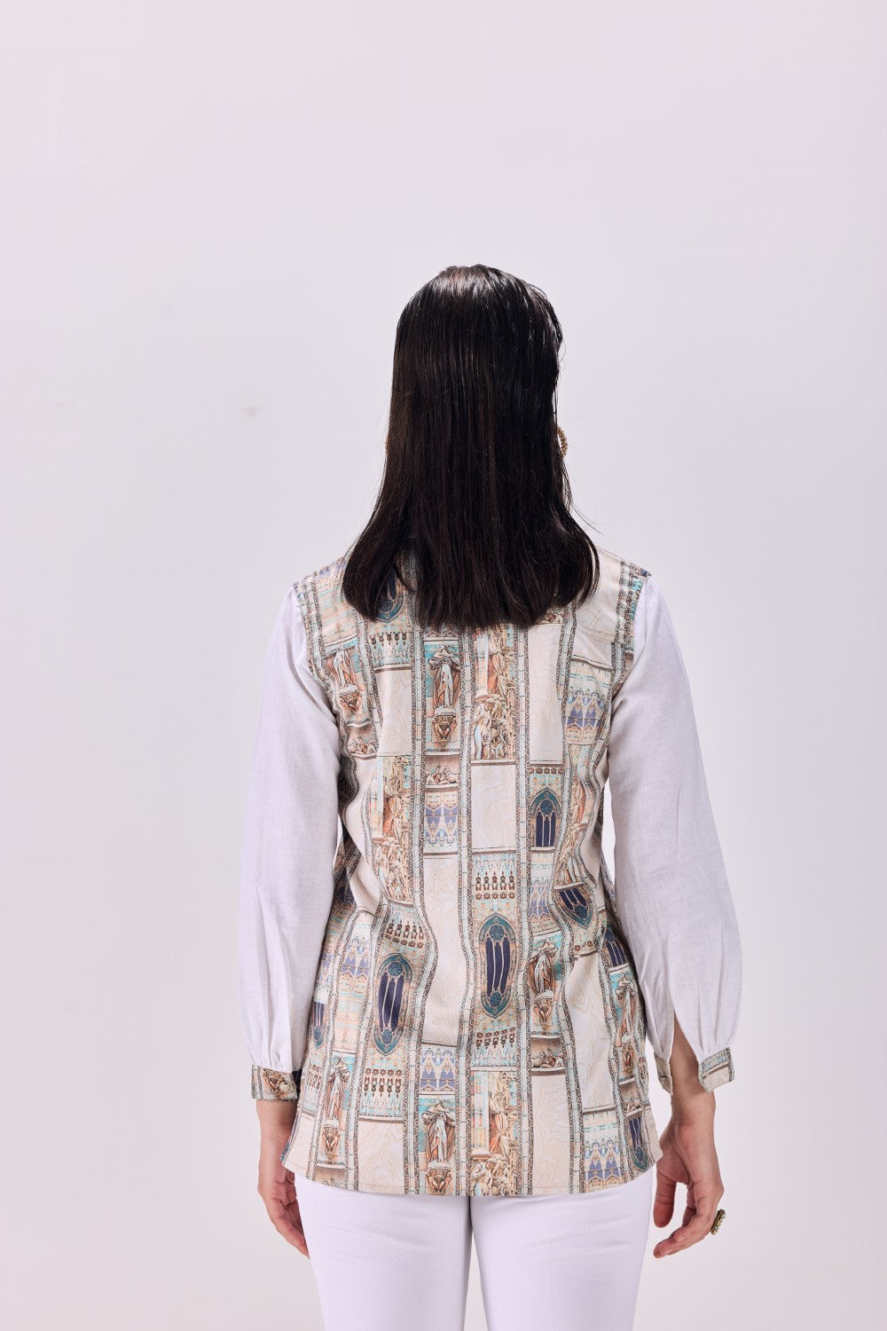 Double Collar Button-Up Ancient Roman  Print Shirt