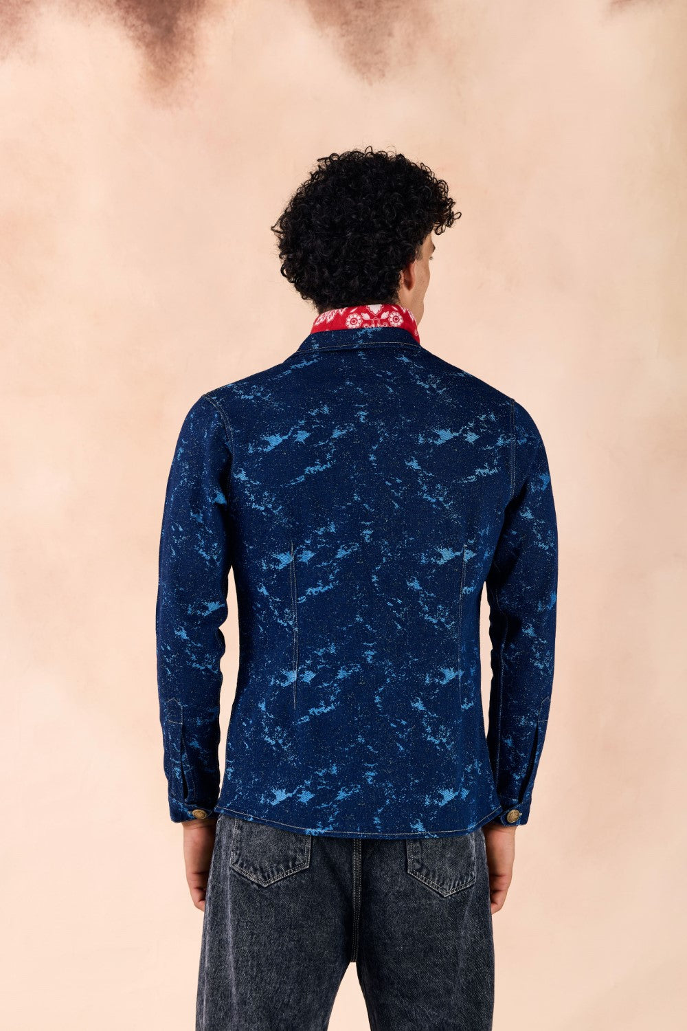 Lapel Collar Button-Up Textured Denim Blazer Jacket