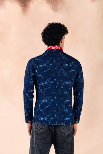 Lapel Collar Button-Up Textured Denim Blazer Jacket