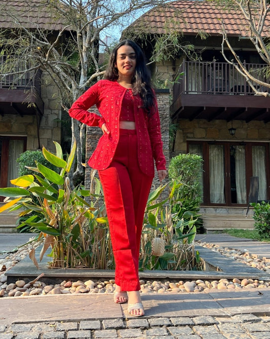 Red Open Shirt With Crop Top Co-ord Set