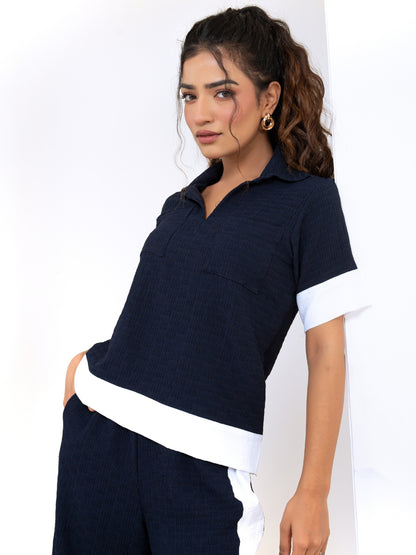 Pop Jacquard Navy Blue With White Detail Co-Ord Set