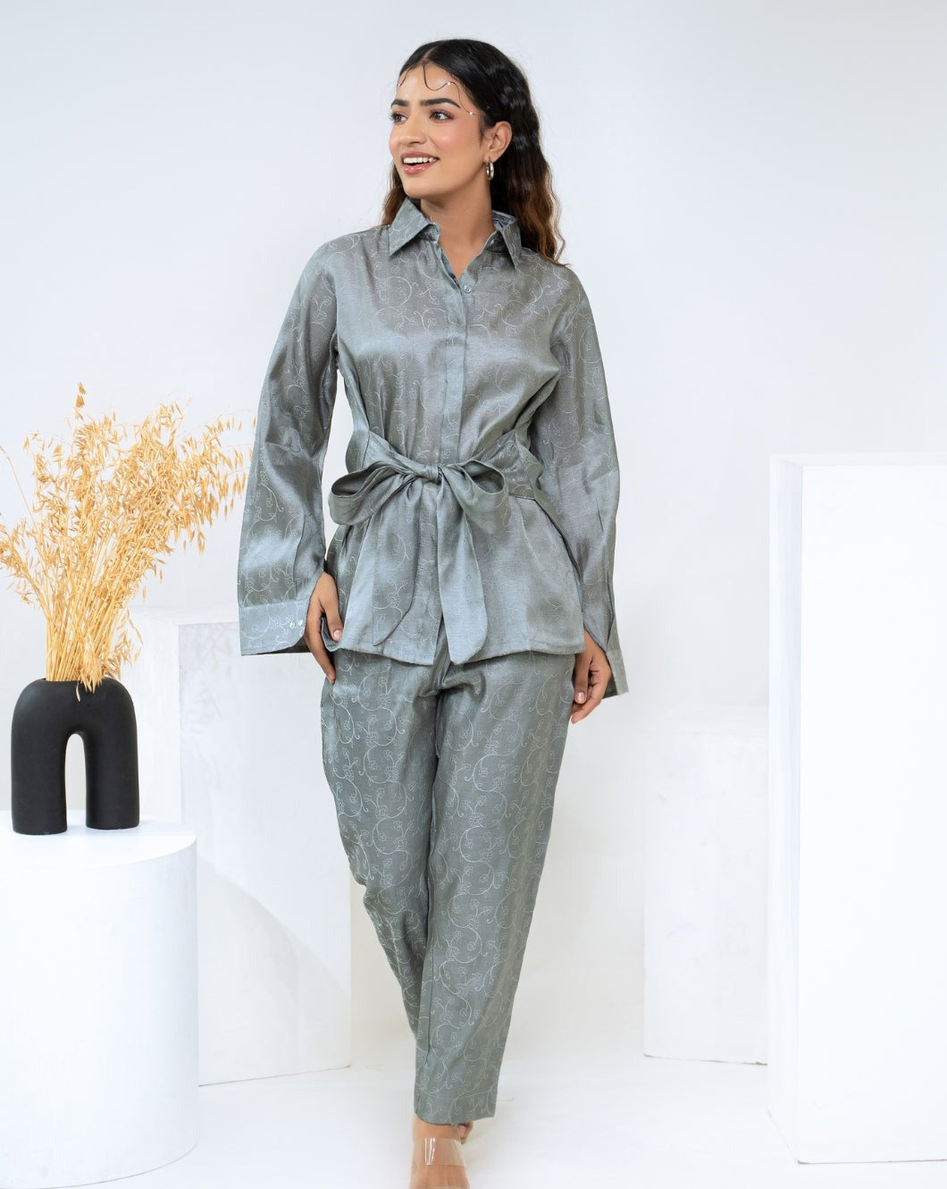 Tussar Jacquard Grey Co-Ord Set