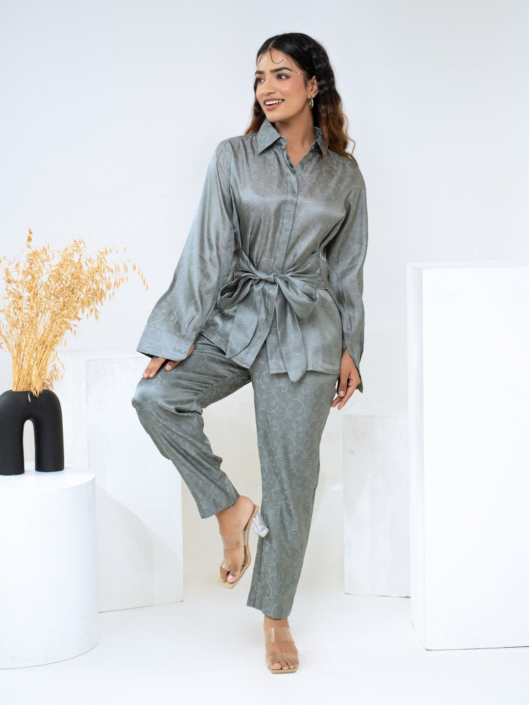 Tussar Jacquard Grey Co-Ord Set