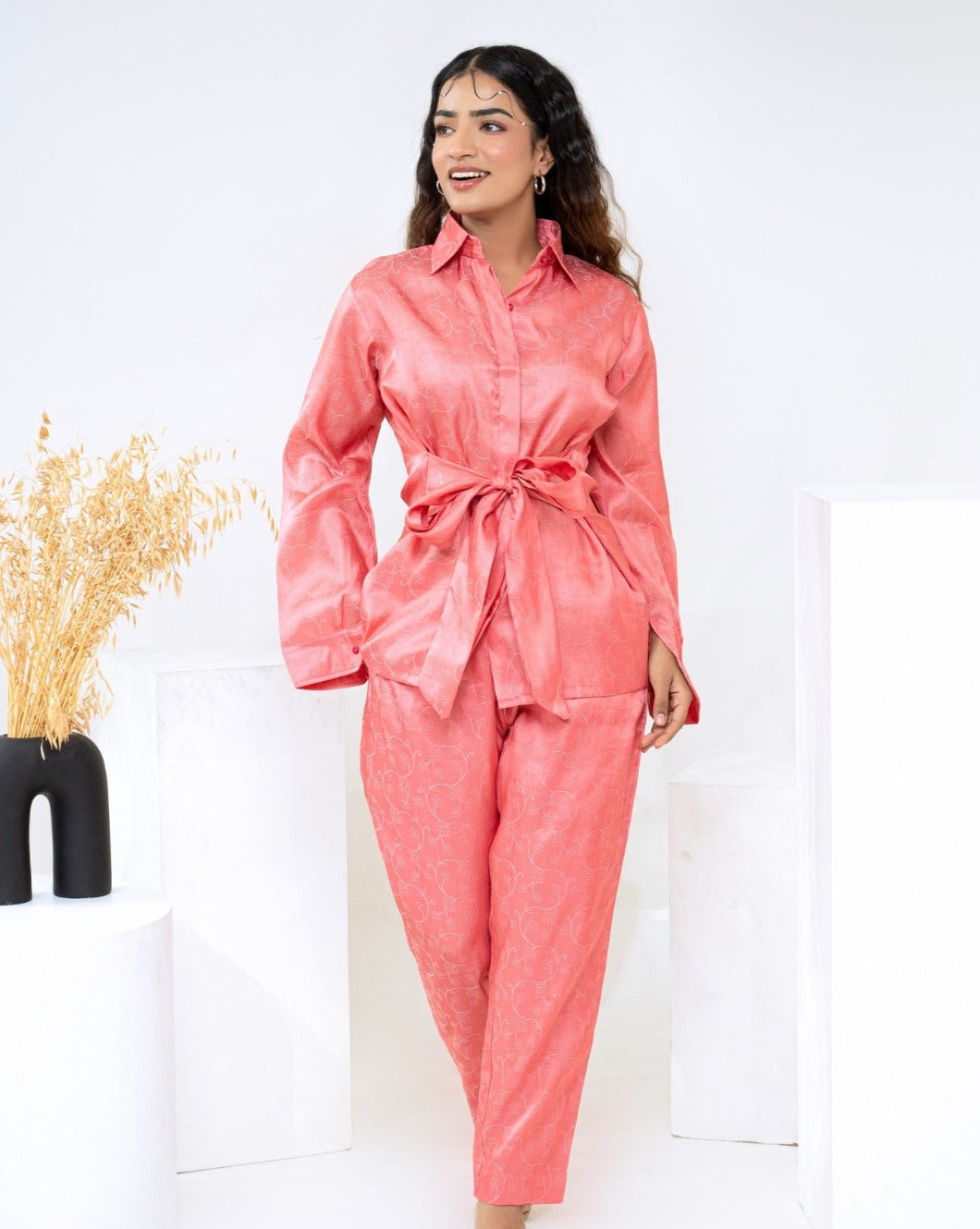 Tussar Jacquard Pink Co-Ord Set