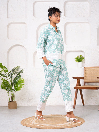 Cotton Printed Green With Shiffli Detailing Co-Ord Set