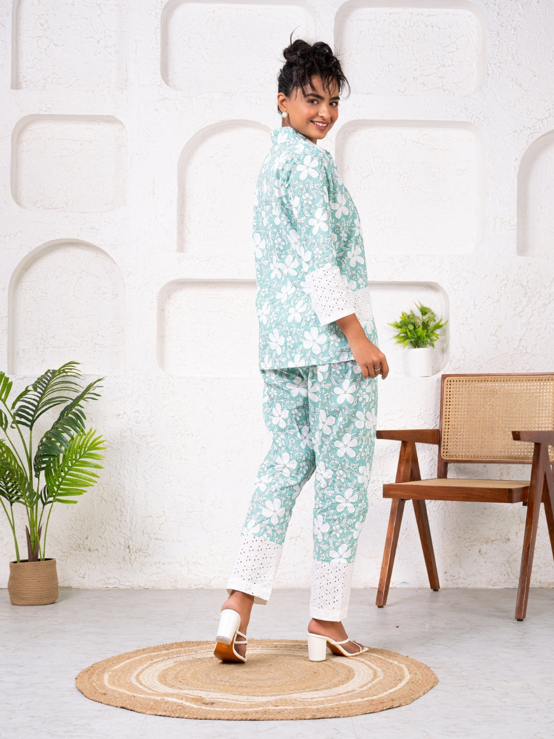 Cotton Printed Green With Shiffli Detailing Co-Ord Set