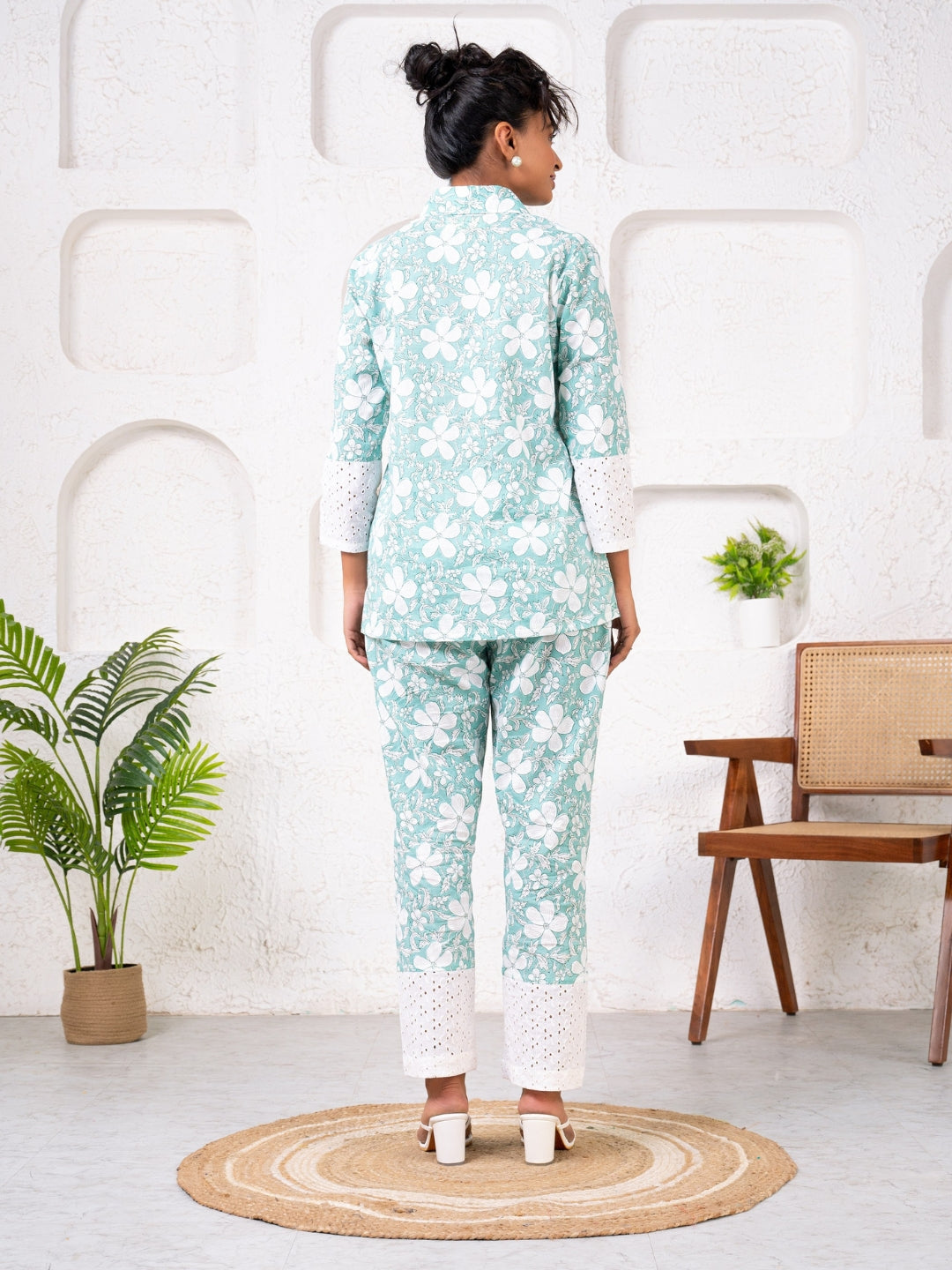 Cotton Printed Green With Shiffli Detailing Co-Ord Set