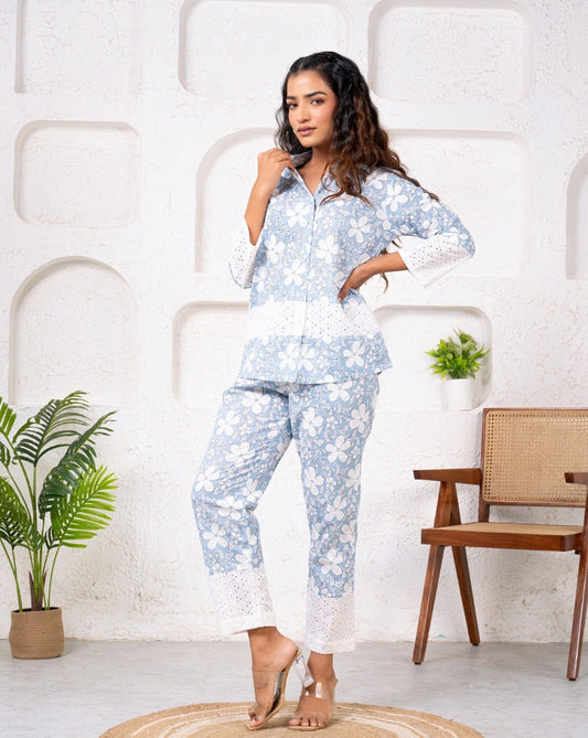 Cotton Printed Blue With Shiffli Detailing Co-Ord Set