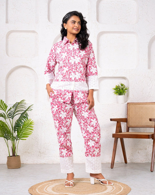 Cotton Printed Pink With Shiffli Detailing Co-Ord Set