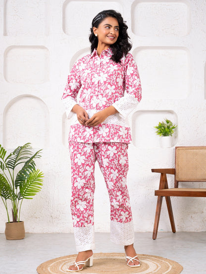 Cotton Printed Pink With Shiffli Detailing Co-Ord Set