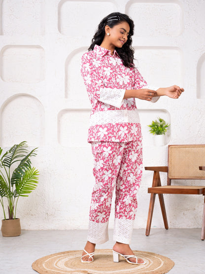 Cotton Printed Pink With Shiffli Detailing Co-Ord Set