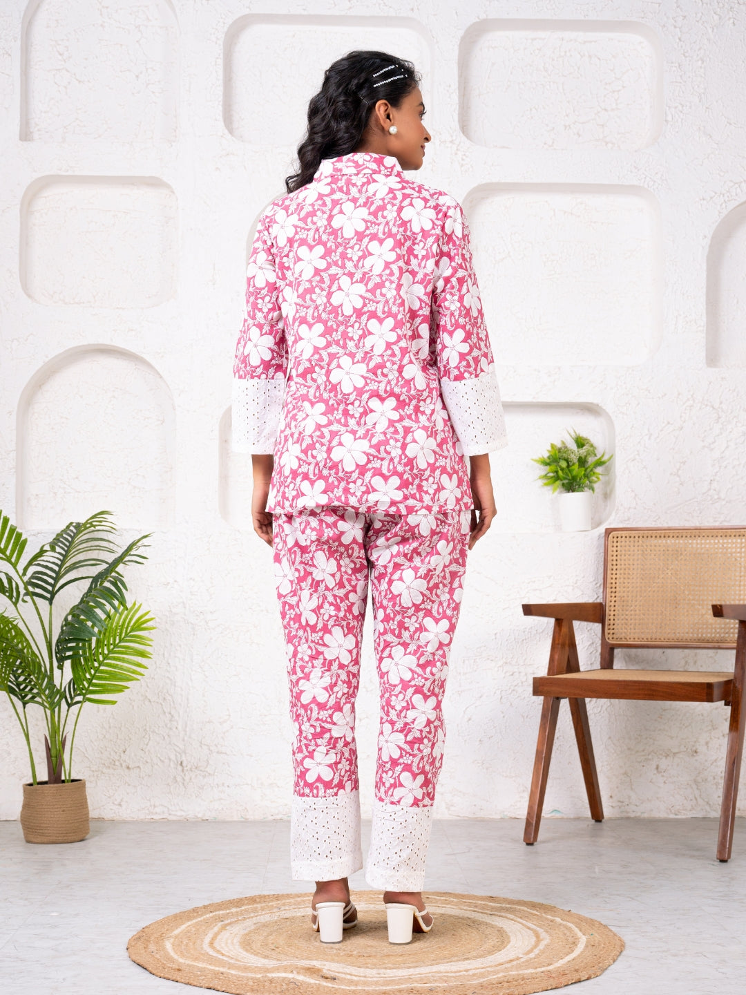 Cotton Printed Pink With Shiffli Detailing Co-Ord Set