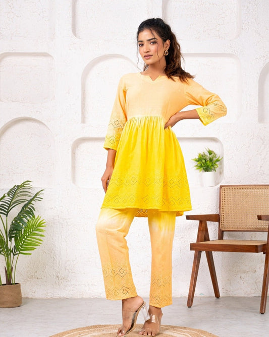 Cotton Shiffli Ombre Yellow Co-ord Set