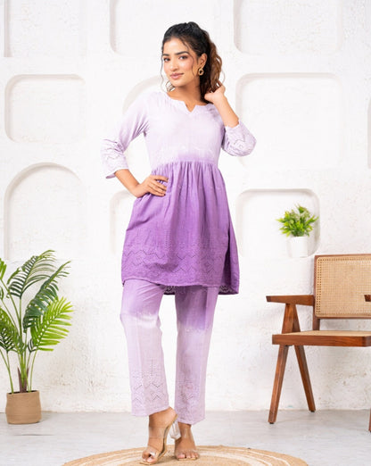 Cotton Shiffli Ombre Purple Co-ord Set