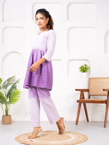 Cotton Shiffli Ombre Purple Co-ord Set