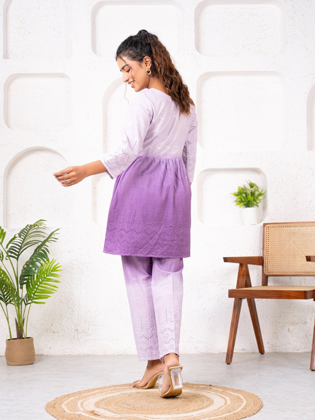 Cotton Shiffli Ombre Purple Co-ord Set