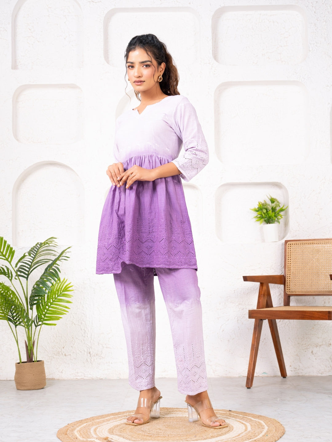 Cotton Shiffli Ombre Purple Co-ord Set