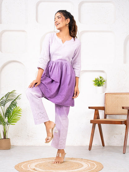 Cotton Shiffli Ombre Purple Co-ord Set