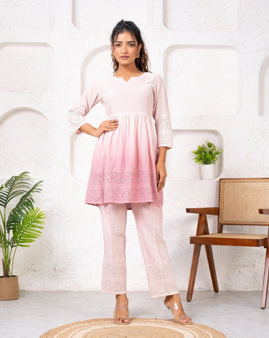 Cotton Shiffli Ombre Mauve Co-ord Set