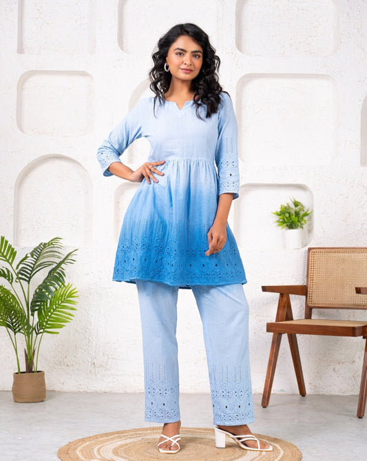 Cotton Shiffli Ombre Blue Co-ord Set