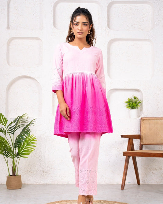 Cotton Shiffli Ombre Pink Co-ord Set