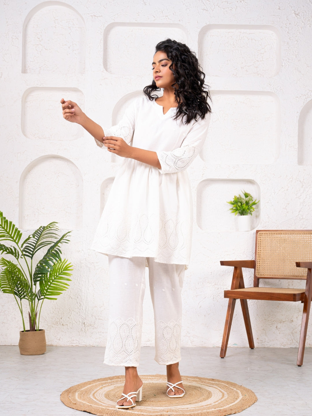 Cotton Shiffli Ombre Off-white Co-ord Set