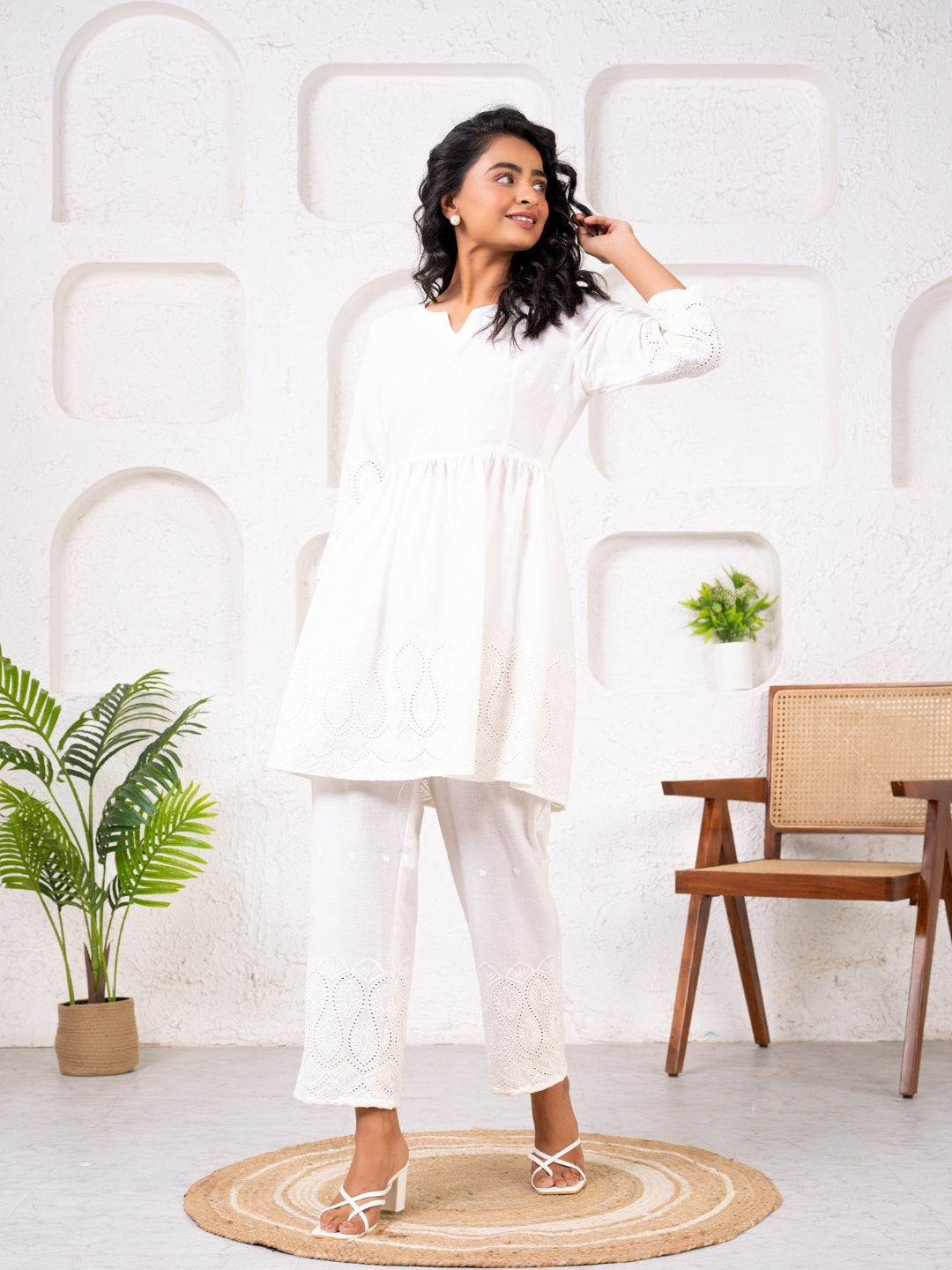 Cotton Shiffli Ombre Off-white Co-ord Set